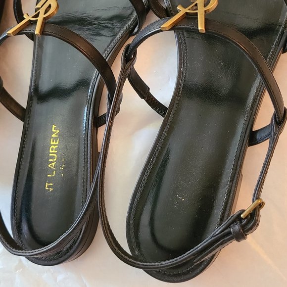 YSL Saint Laurent Cassandra Flat Leather Sandal Black With Gold Ysl LogoSz 39.5 - Picture 13 of 16